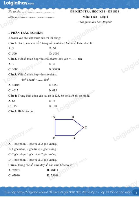 Đề số 8 - Đề kiểm tra học kì 1 - Toán lớp 4